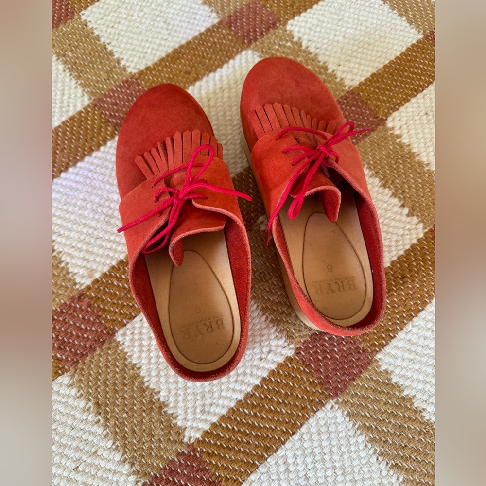 Bryr Red Suede Fringe Lace-Up Clogs - Picture 2 of 5
